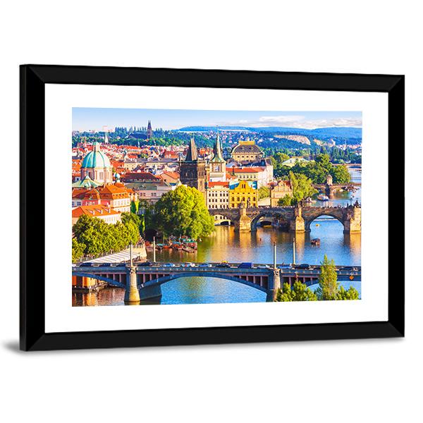 Vltava River With Old Town Canvas Wall Art-3 Horizontal-Gallery Wrap-25" x 16"-Tiaracle
