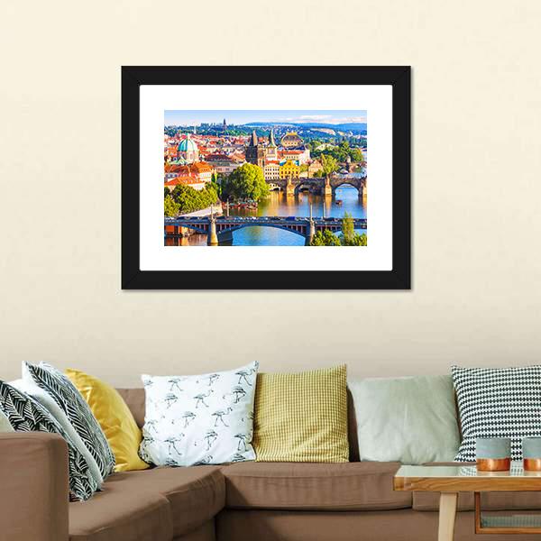 Vltava River With Old Town Canvas Wall Art-3 Horizontal-Gallery Wrap-25" x 16"-Tiaracle