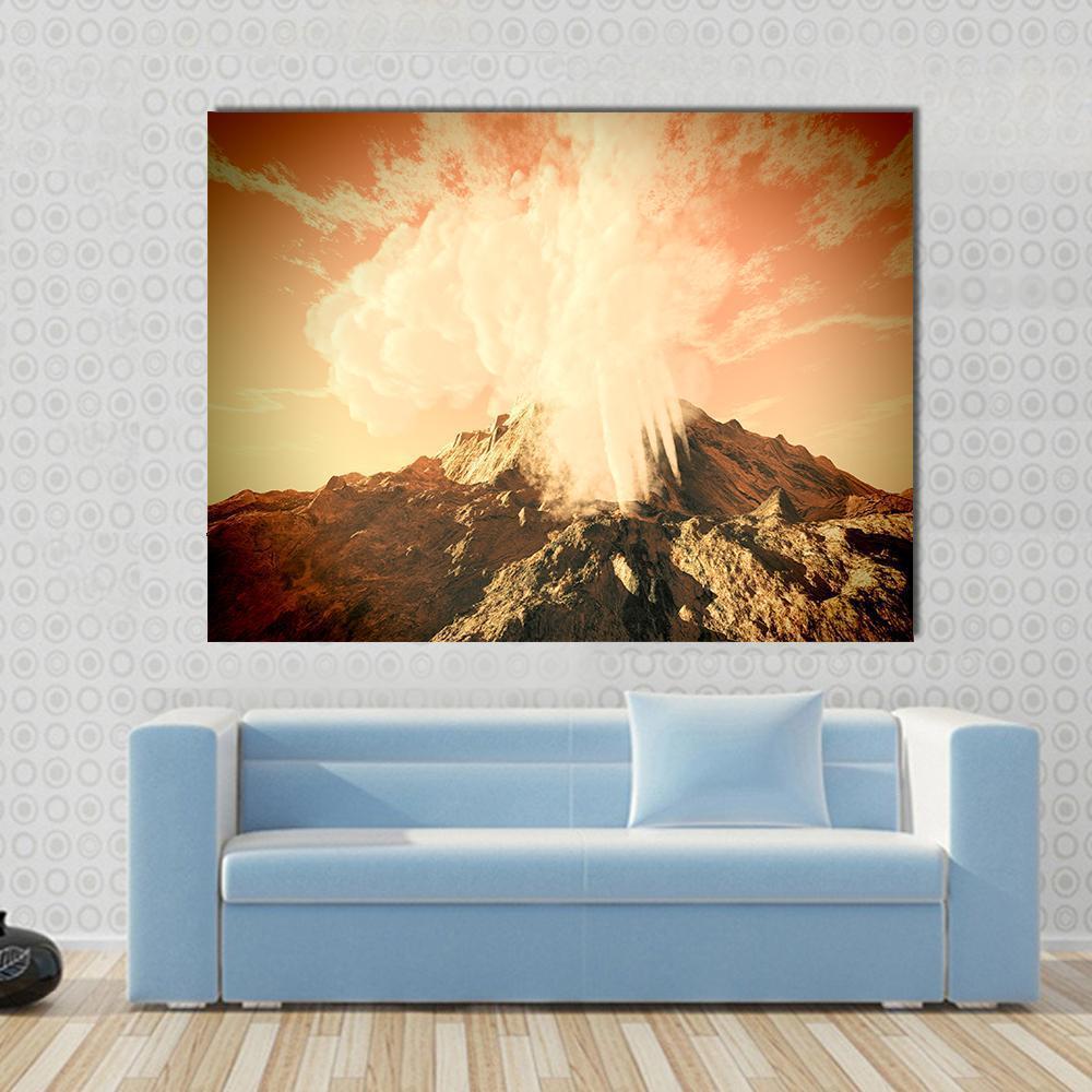 Volcanic Eruption Canvas Wall Art in brown, orange and yellow, single panel hung on a wall