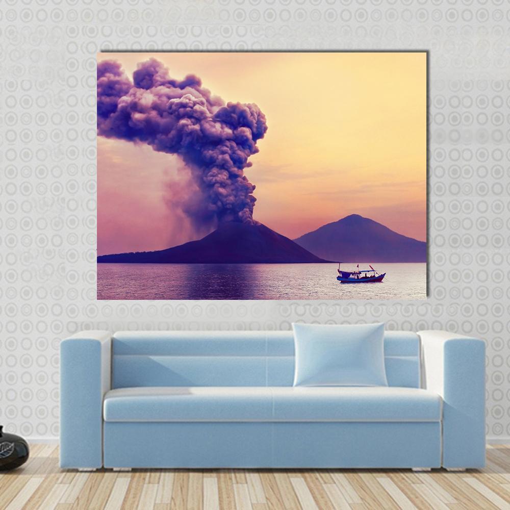 Volcano Eruption Anak Krakatau Indonesia Canvas Wall Art in orange, yellow and purple, single panel hung on a wall