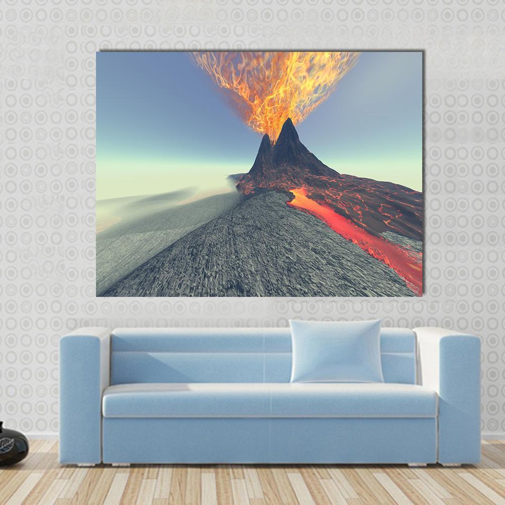 Volcano Eruption with Lava Flow Canvas Wall Art in gray, red and orange, single panel hung on a wall