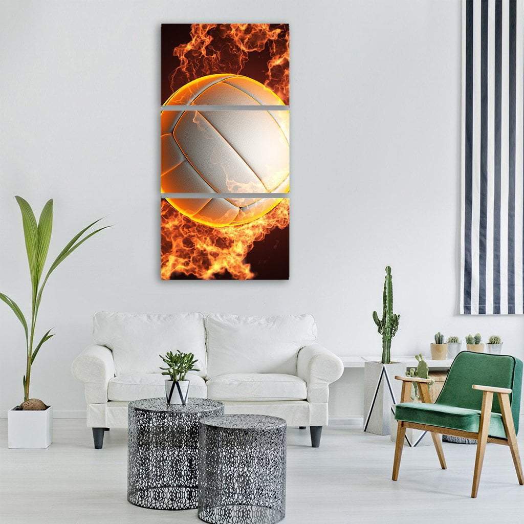 Volleyball Ball In Fire Vertical Canvas Wall Art-3 Vertical-Gallery Wrap-12" x 25"-Tiaracle