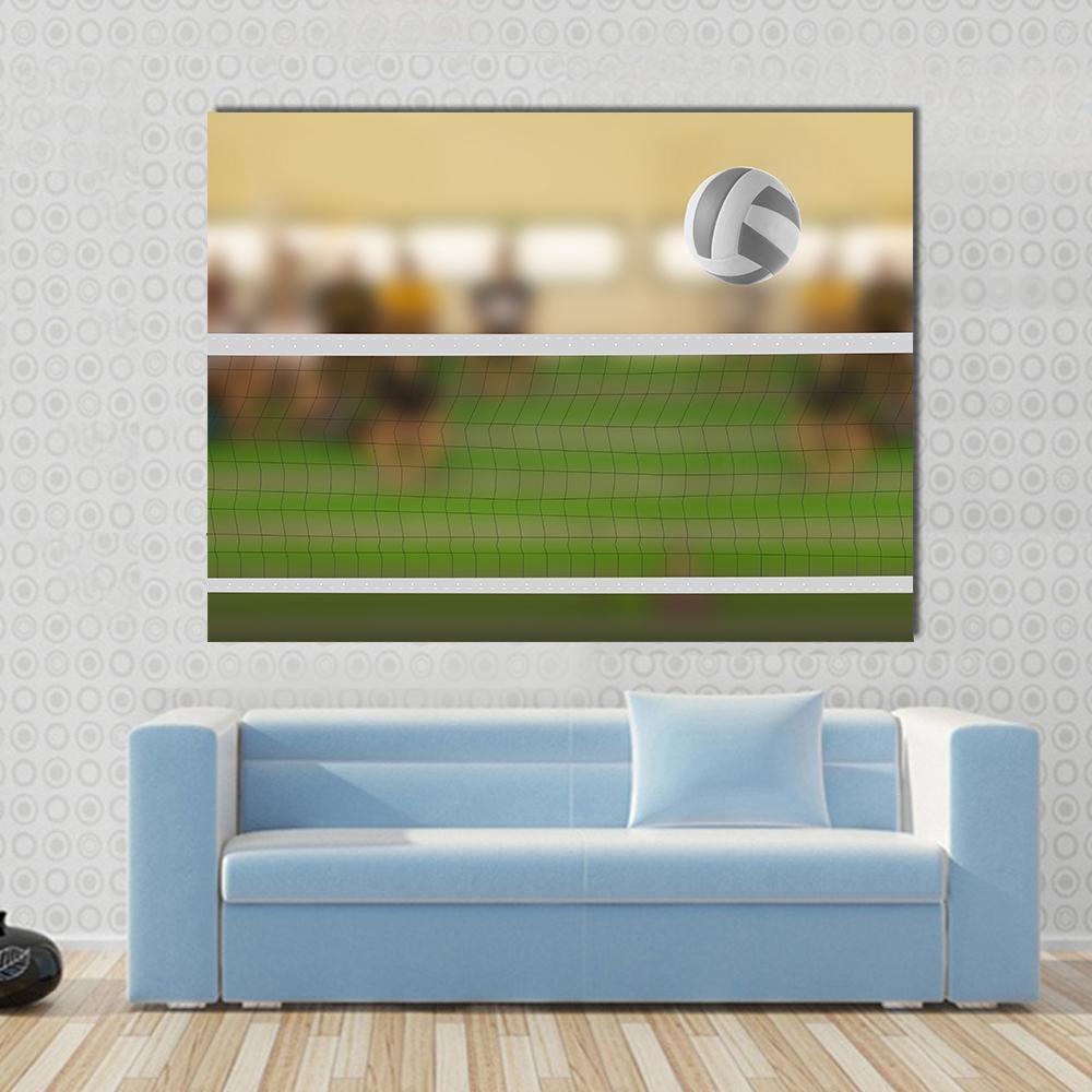 Volleyball Court with Ball Canvas Wall Art in gray, yellow and green, single panel hung on a wall