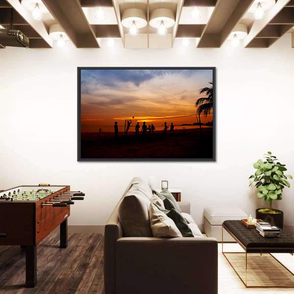 Volleyball Game Player At Silhouette Canvas Wall Art-3 Horizontal-Gallery Wrap-25" x 16"-Tiaracle