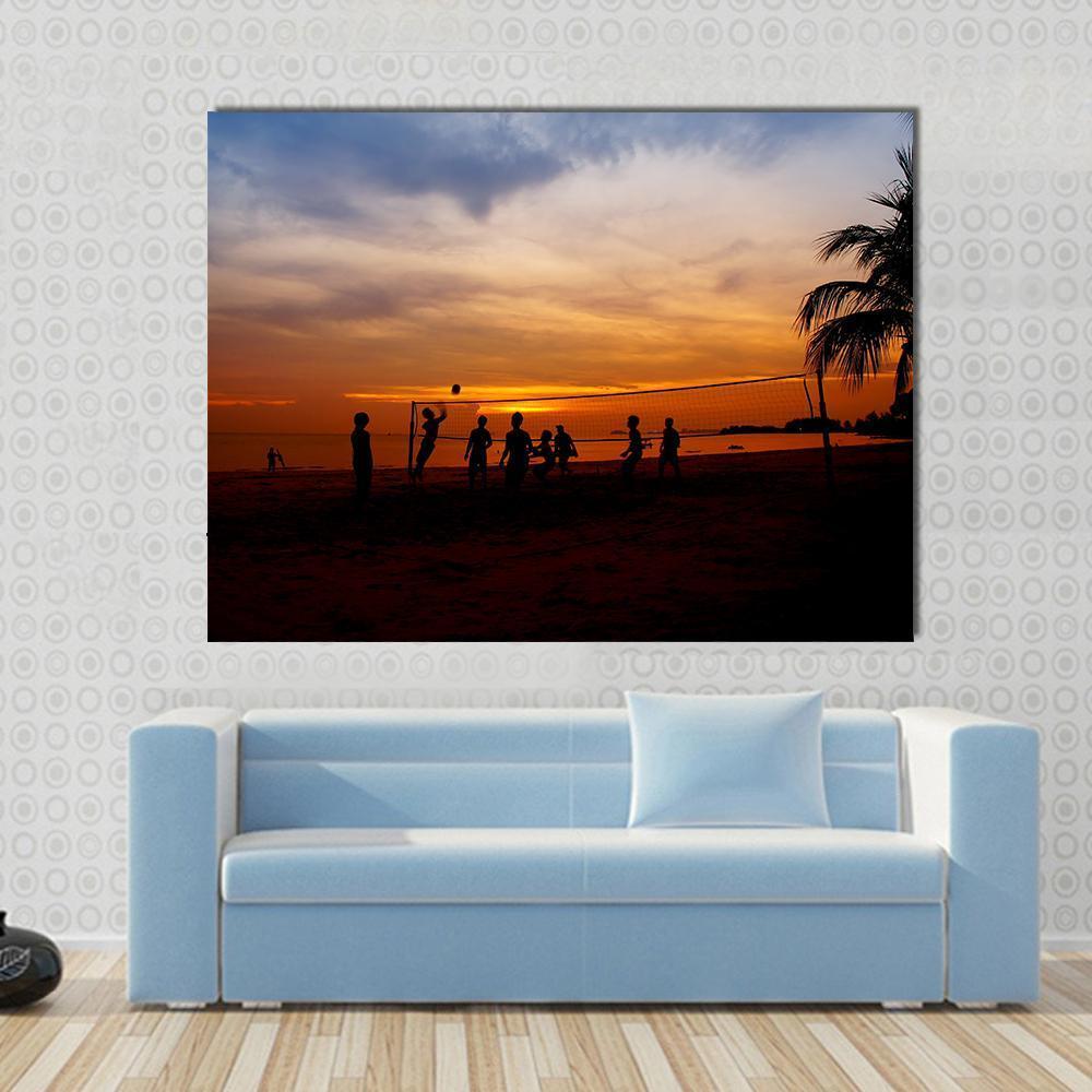 Volleyball Game Player At Silhouette Canvas Wall Art-1 Piece-Gallery Wrap-48" x 32"-Tiaracle