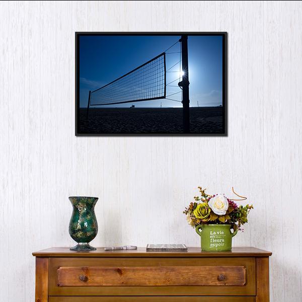 Volleyball Net on Beach Canvas Wall Art in black and blue, framed canvas, product view on a white background