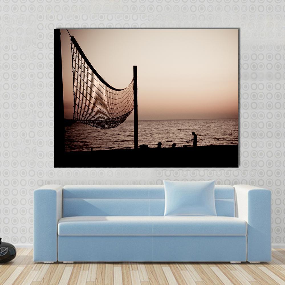 Volleyball Net on Croatian Beach Canvas Wall Art in black, beige and brown, single panel hung on a wall