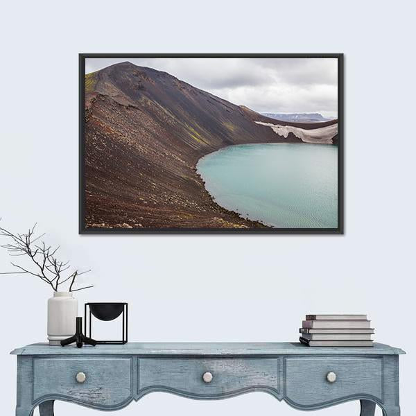 Vulcano Crater With Water In Iceland Canvas Wall Art-1 Piece-Floating Frame-36" x 24"-Tiaracle