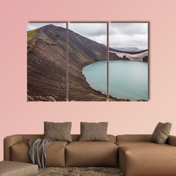 Vulcano Crater With Water In Iceland Canvas Wall Art-3 Horizontal-Gallery Wrap-25" x 16"-Tiaracle