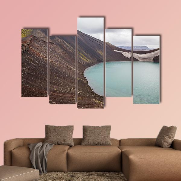 Vulcano Crater With Water In Iceland Canvas Wall Art-5 Pop-Gallery Wrap-47" x 32"-Tiaracle