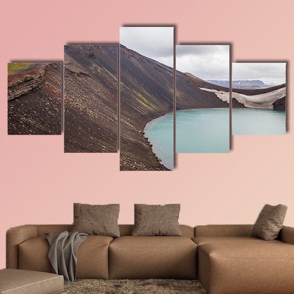 Vulcano Crater With Water In Iceland Canvas Wall Art-5 Star-Gallery Wrap-62" x 32"-Tiaracle