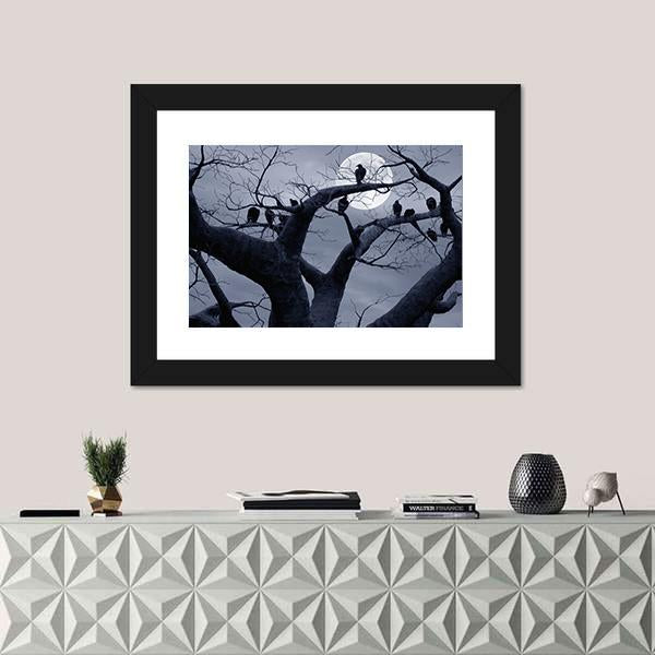 Vultures In A Scary And Spooky Halloween Scene Canvas Wall Art-1 Piece-Framed Print-20" x 16"-Tiaracle