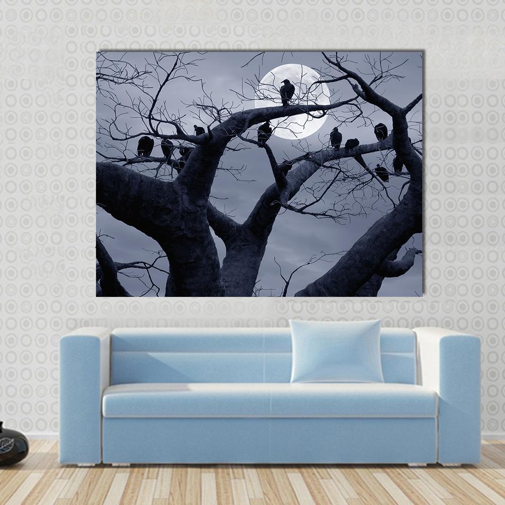 Moonlit Vultures on a Bare Tree Canvas Wall Art in black and gray, single panel hung on a wall