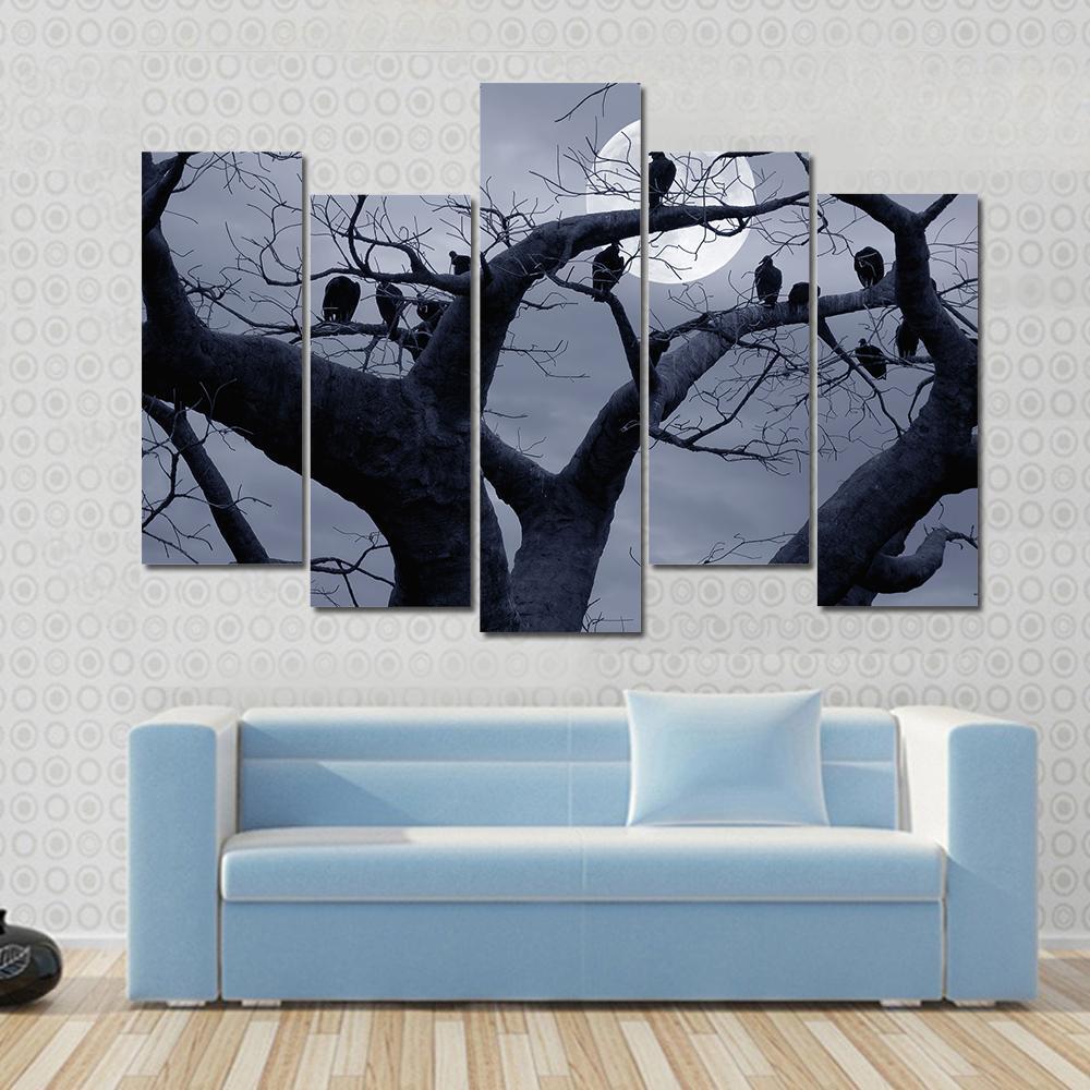 Vultures In A Scary And Spooky Halloween Scene Canvas Wall Art-5 Pop-Gallery Wrap-47" x 32"-Tiaracle