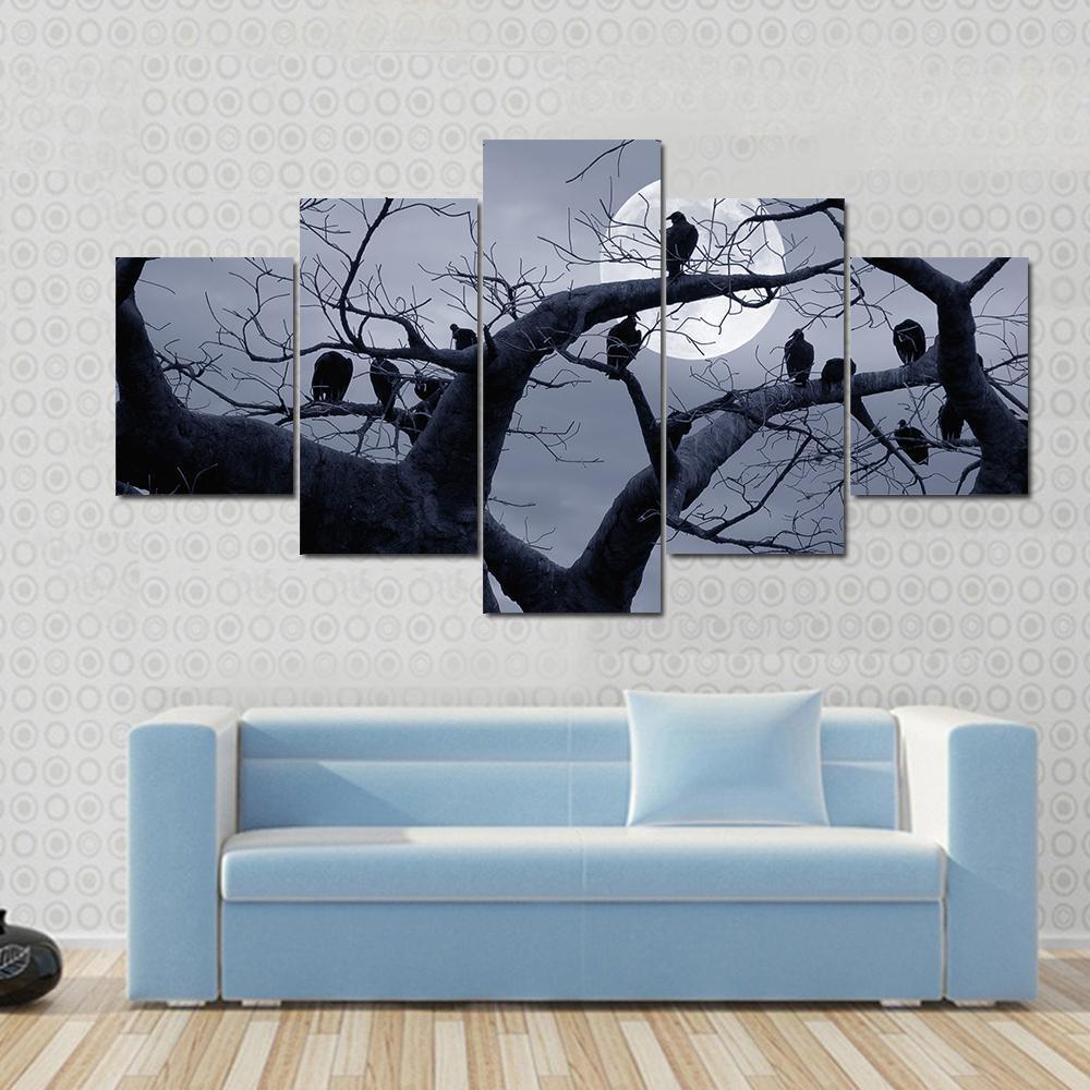 Vultures In A Scary And Spooky Halloween Scene Canvas Wall Art-5 Star-Gallery Wrap-62" x 32"-Tiaracle