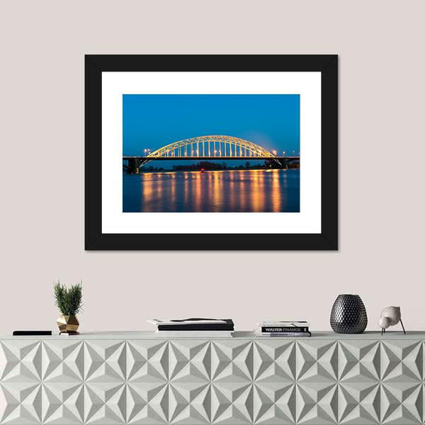 Waal Bridge At Nijmegen At Night Canvas Wall Art-1 Piece-Framed Print-20" x 16"-Tiaracle