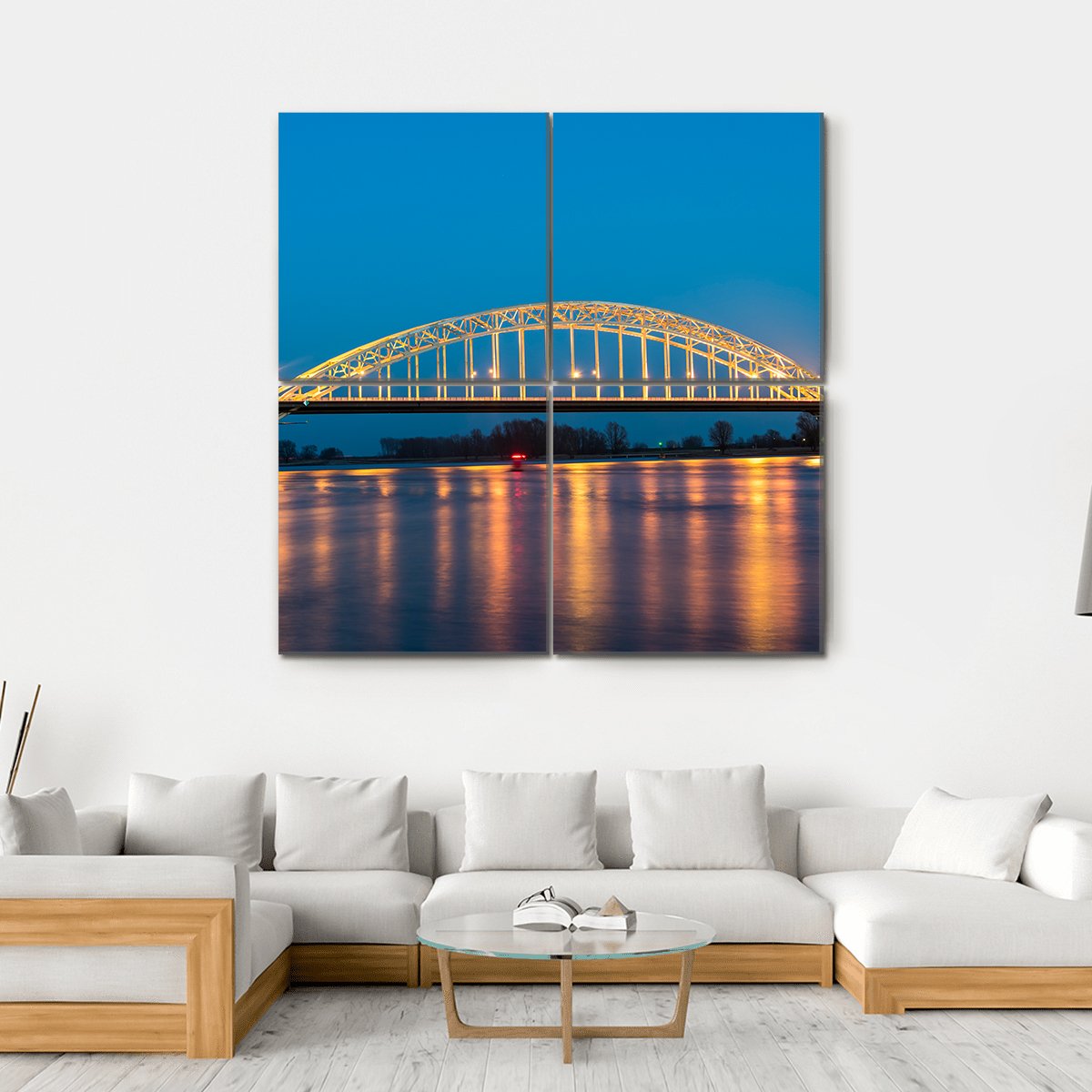 Waal Bridge At Nijmegen At Night Canvas Wall Art-4 Square-Gallery Wrap-17" x 17"-Tiaracle