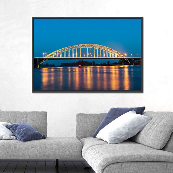 Waal Bridge At Nijmegen At Night Canvas Wall Art-3 Horizontal-Gallery Wrap-25" x 16"-Tiaracle