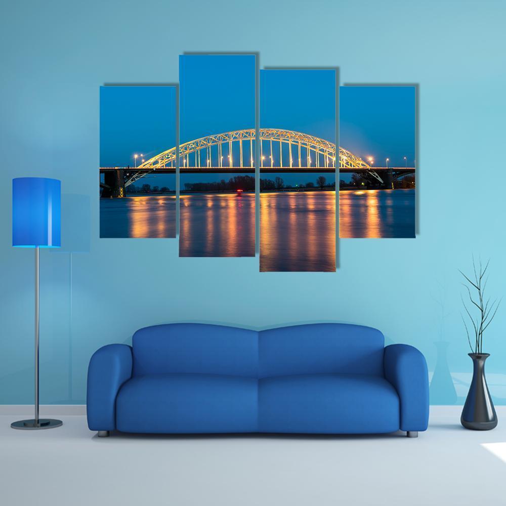 Waal Bridge At Nijmegen At Night Canvas Wall Art-4 Pop-Gallery Wrap-50" x 32"-Tiaracle
