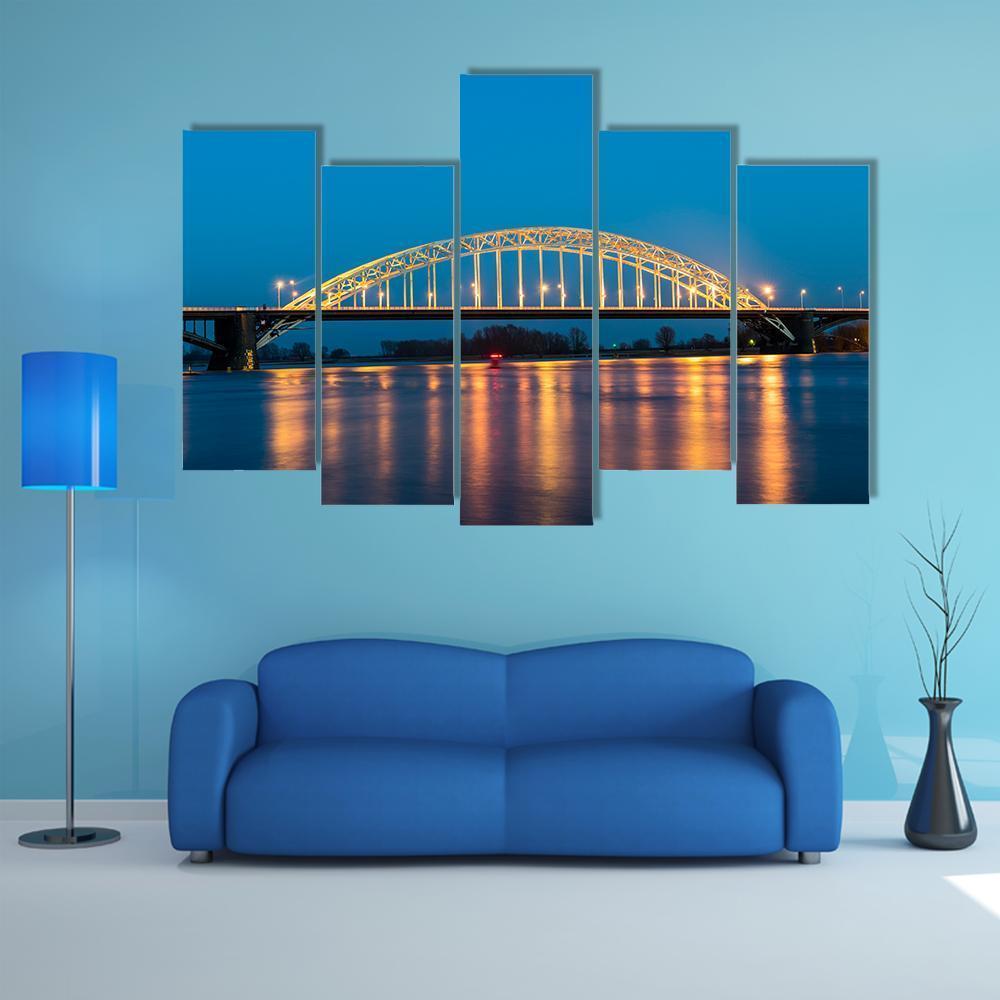 Waal Bridge At Nijmegen At Night Canvas Wall Art-5 Pop-Gallery Wrap-47" x 32"-Tiaracle