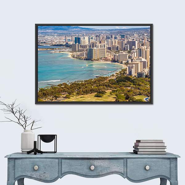 Waikiki Beach And Honolulu Skyline Canvas Wall Art-1 Piece-Floating Frame-24" x 16"-Tiaracle