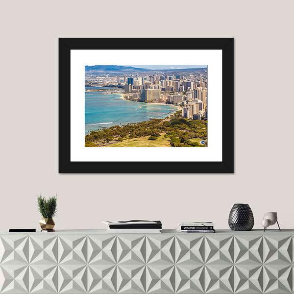 Waikiki Beach And Honolulu Skyline Canvas Wall Art-1 Piece-Framed Print-20" x 16"-Tiaracle