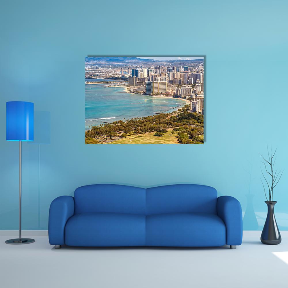 Waikiki Beach And Honolulu Skyline Canvas Wall Art-5 Horizontal-Gallery Wrap-22" x 12"-Tiaracle