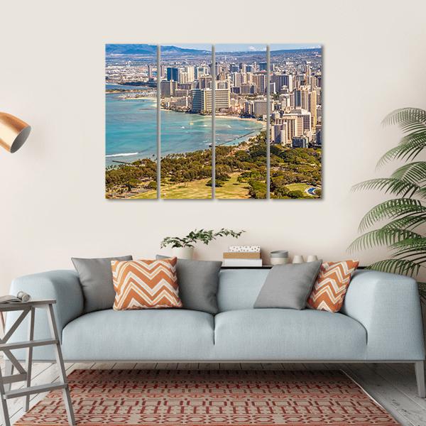 Waikiki Beach And Honolulu Skyline Canvas Wall Art-4 Horizontal-Gallery Wrap-34" x 24"-Tiaracle
