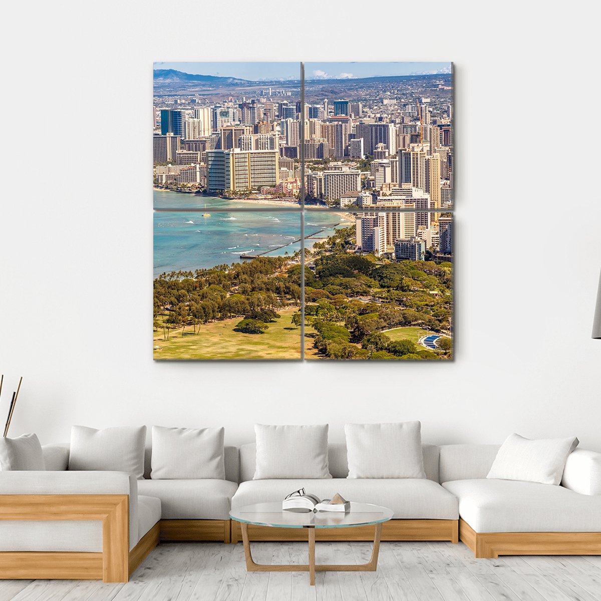 Waikiki Beach And Honolulu Skyline Canvas Wall Art-4 Square-Gallery Wrap-17" x 17"-Tiaracle