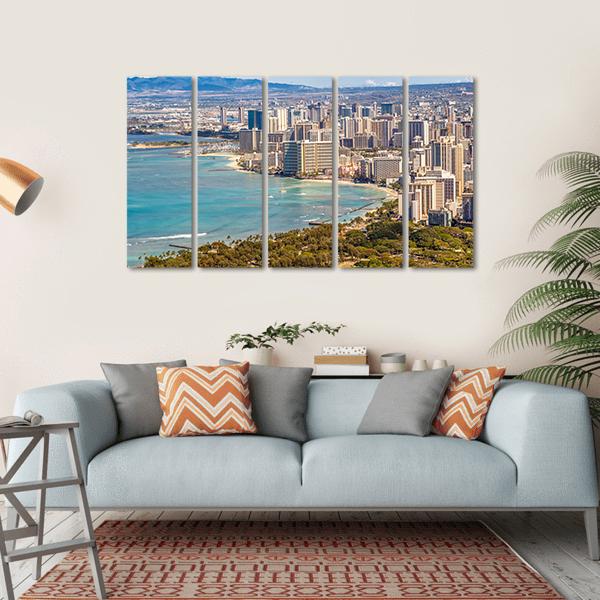 Waikiki Beach And Honolulu Skyline Canvas Wall Art-5 Horizontal-Gallery Wrap-22" x 12"-Tiaracle