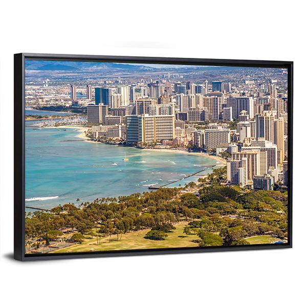 Waikiki Beach And Honolulu Skyline Canvas Wall Art-3 Horizontal-Gallery Wrap-25" x 16"-Tiaracle