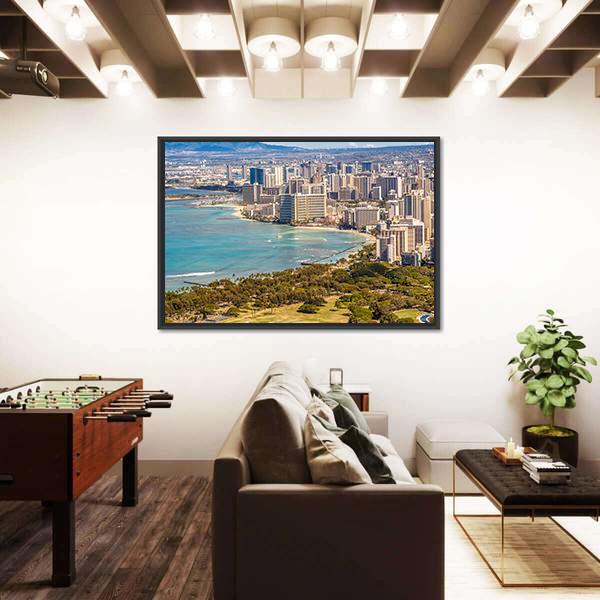 Waikiki Beach And Honolulu Skyline Canvas Wall Art-5 Horizontal-Gallery Wrap-22" x 12"-Tiaracle