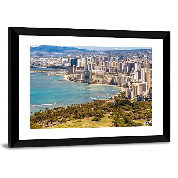 Waikiki Beach And Honolulu Skyline Canvas Wall Art-3 Horizontal-Gallery Wrap-25" x 16"-Tiaracle