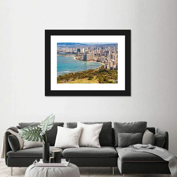 Waikiki Beach And Honolulu Skyline Canvas Wall Art-5 Horizontal-Gallery Wrap-22" x 12"-Tiaracle
