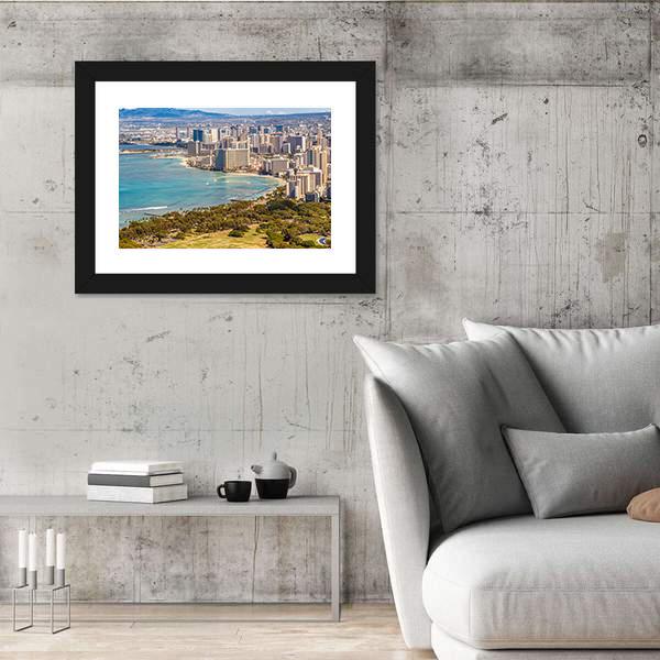 Waikiki Beach And Honolulu Skyline Canvas Wall Art-3 Horizontal-Gallery Wrap-25" x 16"-Tiaracle