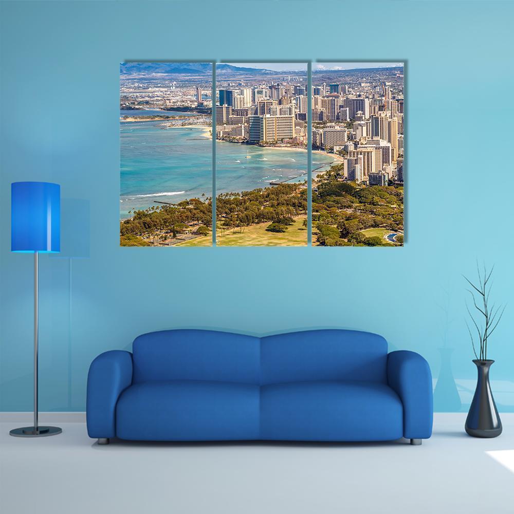 Waikiki Beach And Honolulu Skyline Canvas Wall Art-3 Horizontal-Gallery Wrap-37" x 24"-Tiaracle