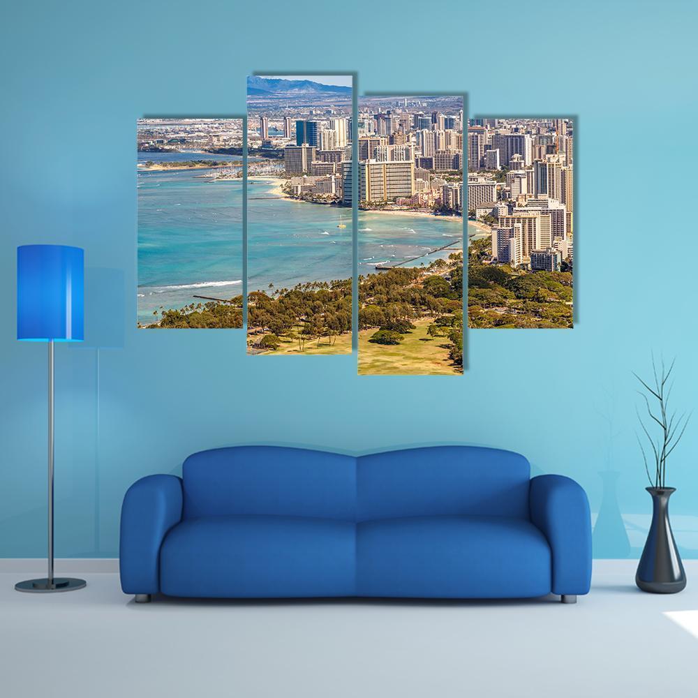 Waikiki Beach And Honolulu Skyline Canvas Wall Art-4 Pop-Gallery Wrap-50" x 32"-Tiaracle