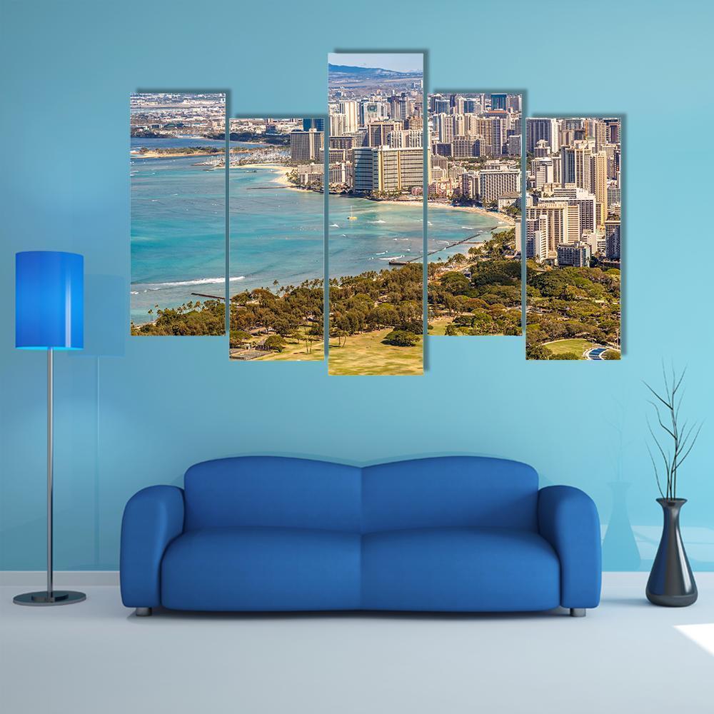 Waikiki Beach And Honolulu Skyline Canvas Wall Art-5 Pop-Gallery Wrap-47" x 32"-Tiaracle