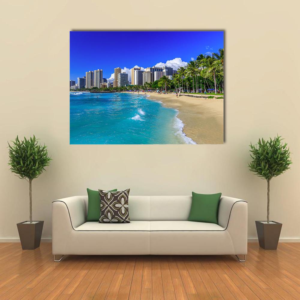 Waikiki Beach And Honolulu's Skyline Canvas Wall Art-4 Horizontal-Gallery Wrap-34" x 24"-Tiaracle