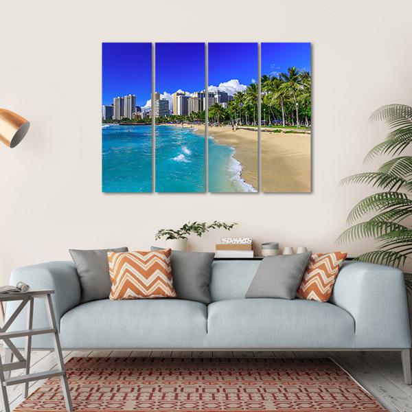 Waikiki Beach And Honolulu's Skyline Canvas Wall Art-4 Horizontal-Gallery Wrap-34" x 24"-Tiaracle