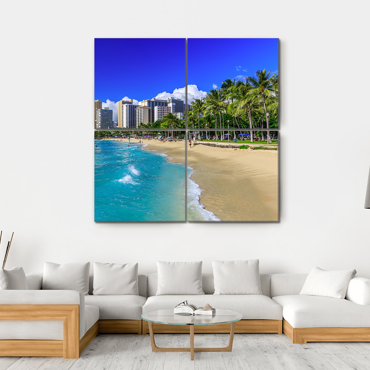 Waikiki Beach And Honolulu's Skyline Canvas Wall Art-4 Square-Gallery Wrap-17" x 17"-Tiaracle