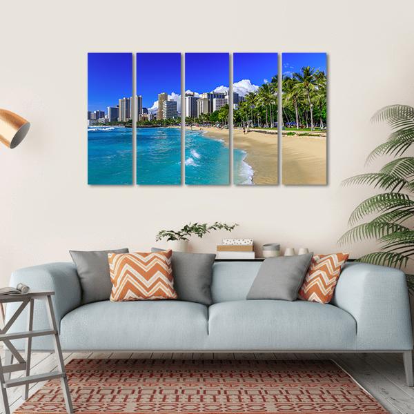 Waikiki Beach And Honolulu's Skyline Canvas Wall Art-5 Horizontal-Gallery Wrap-22" x 12"-Tiaracle