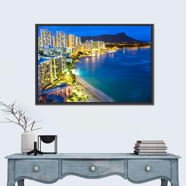 Waikiki Beach In Honolulu Canvas Wall Art-1 Piece-Floating Frame-24" x 16"-Tiaracle