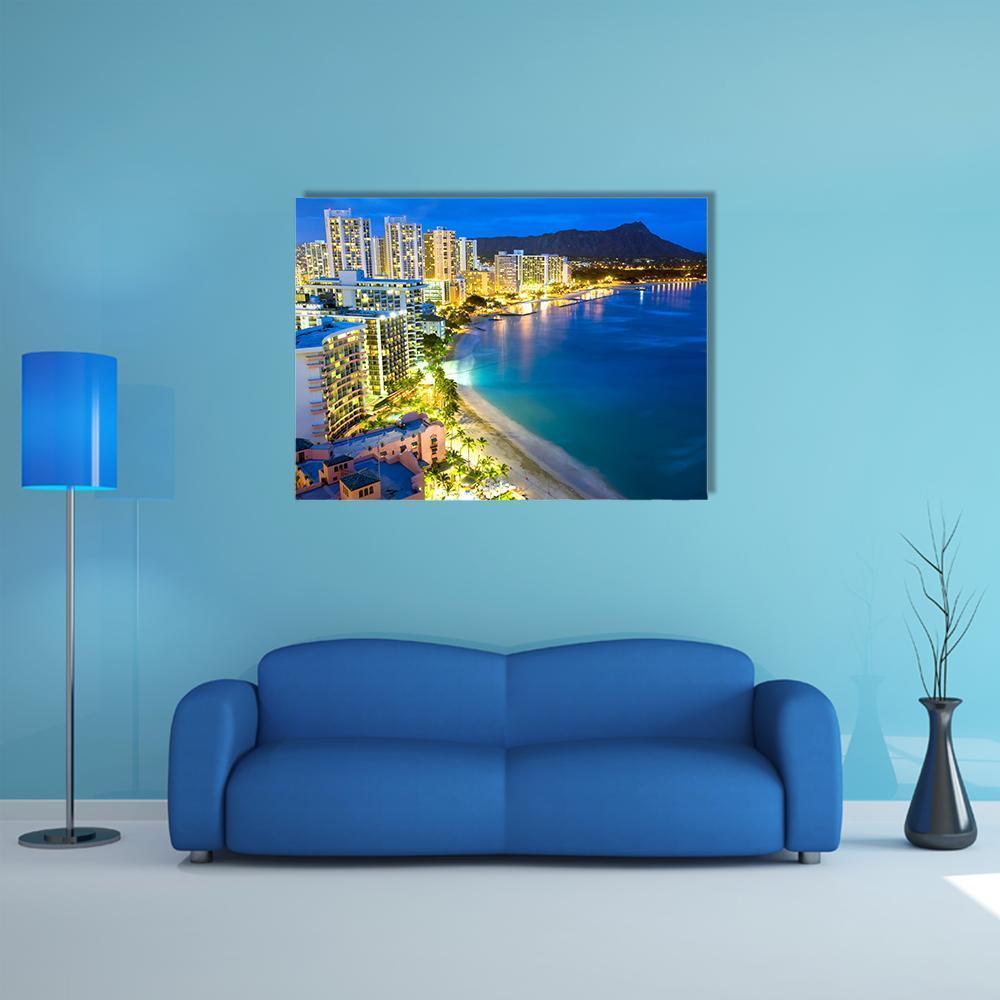 Waikiki Beach and Honolulu Skyline at Twilight Canvas Wall Art in yellow and blue, single panel hung on a wall