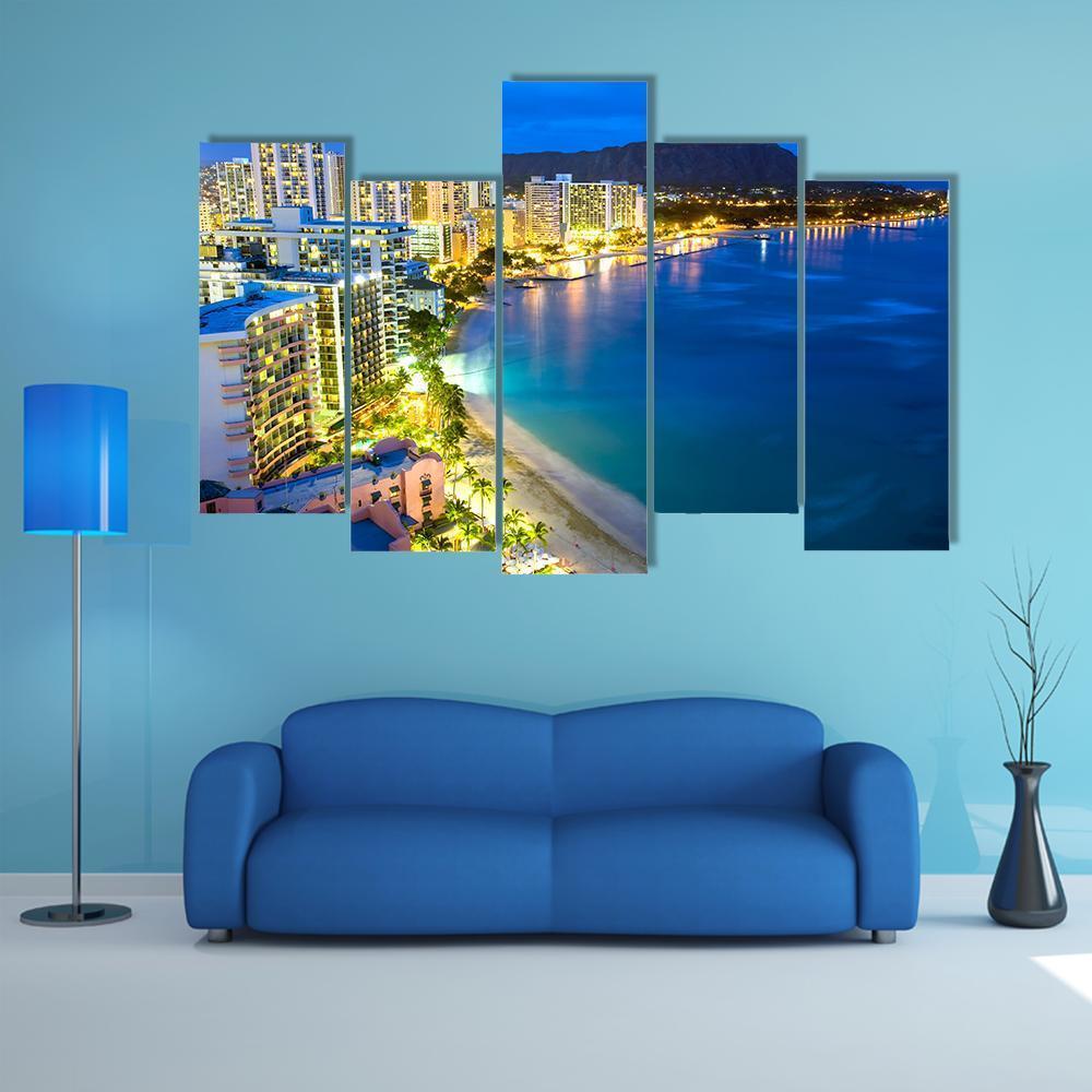 Waikiki Beach In Honolulu Canvas Wall Art-5 Pop-Gallery Wrap-47" x 32"-Tiaracle