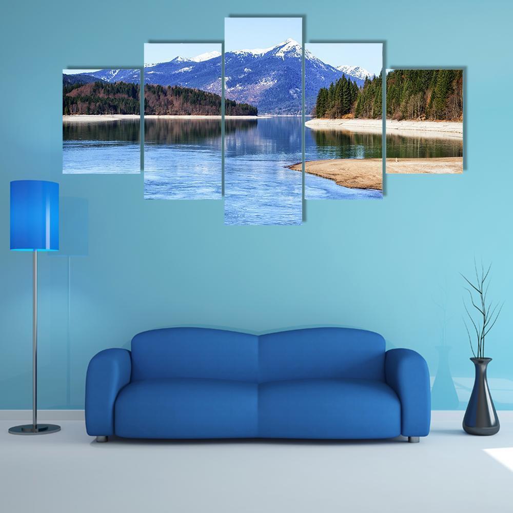 Walchensee Lake in Bavaria Canvas Wall Art in white, brown and blue, 5 panel Star layout hung on a wall