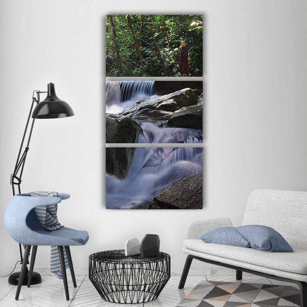 Walking Meditation Near Waterfall Vertical Canvas Wall Art-3 Vertical-Gallery Wrap-12" x 25"-Tiaracle