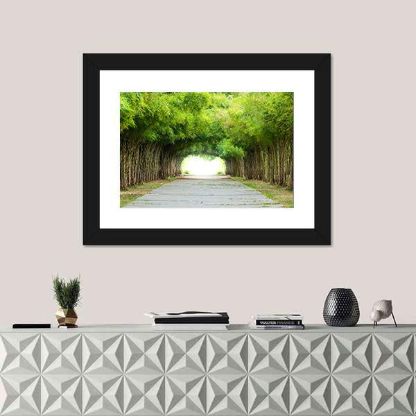 Walkway Flanked On Both Sides With Bamboo Forest Canvas Wall Art-1 Piece-Framed Print-20" x 16"-Tiaracle