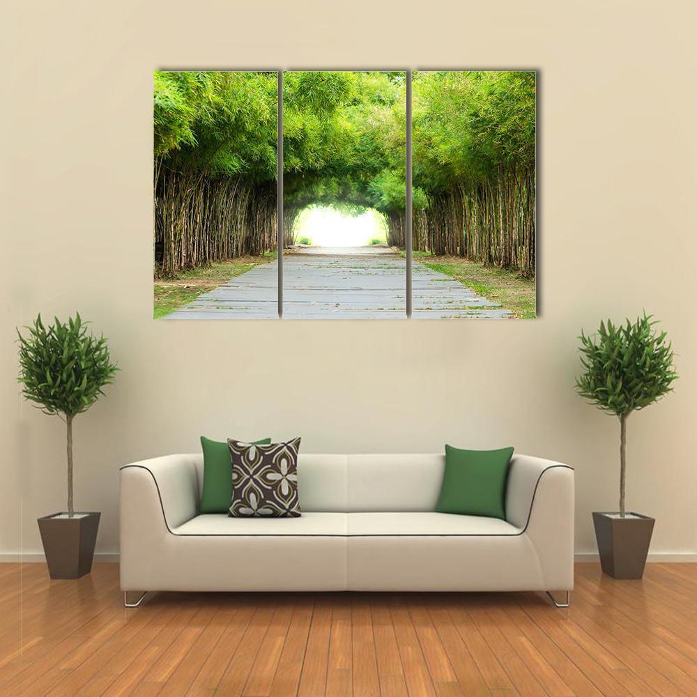 Walkway Flanked On Both Sides With Bamboo Forest Canvas Wall Art-3 Horizontal-Gallery Wrap-37" x 24"-Tiaracle