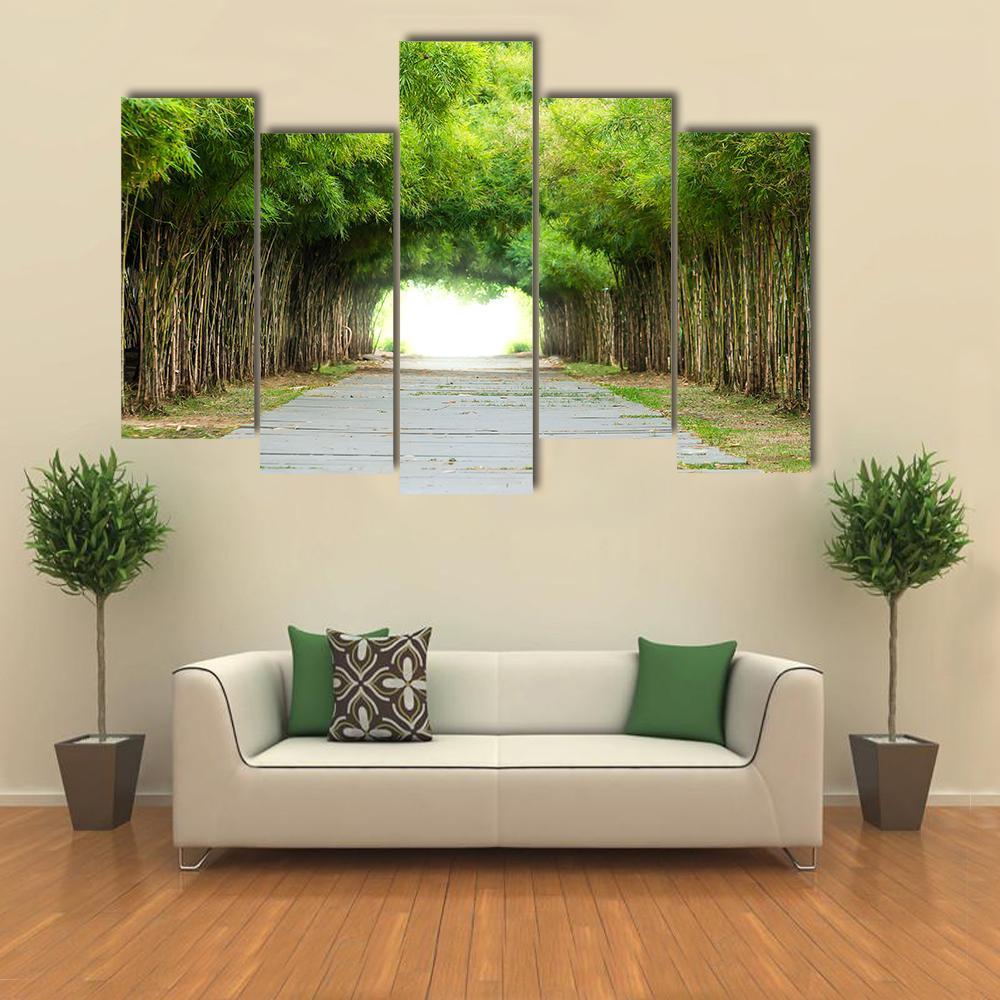 Walkway Flanked On Both Sides With Bamboo Forest Canvas Wall Art-5 Pop-Gallery Wrap-47" x 32"-Tiaracle